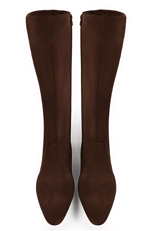 Dark brown women's feminine knee-high boots. Round toe. Low flare heels. Made to measure. Top view - Florence KOOIJMAN